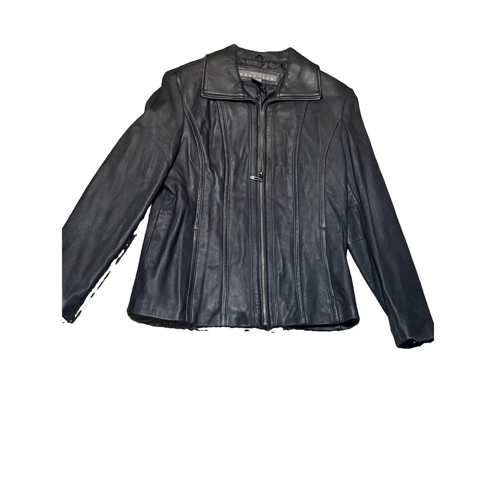 Kenneth Cole Reaction Womens Black Leather Full Zip Jacket Large